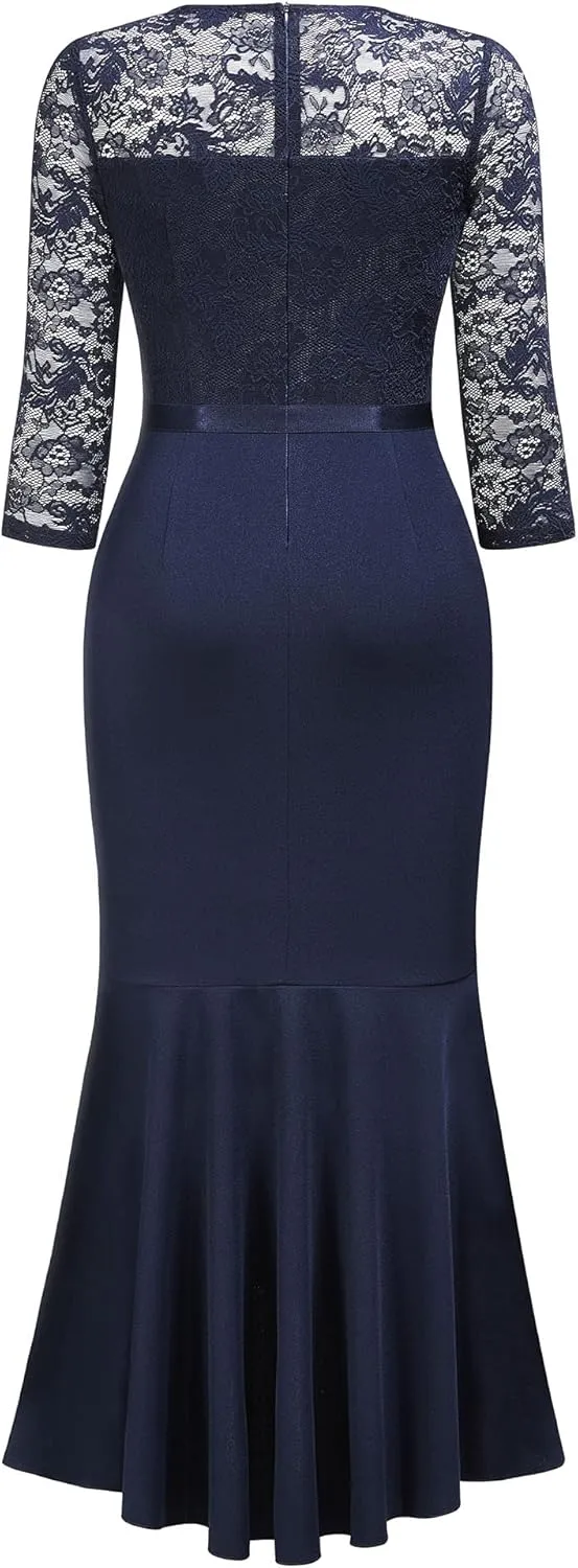 MISSMAY Women's Classy Floral Lace Ruffle Formal Bridesmaid Long Dress
