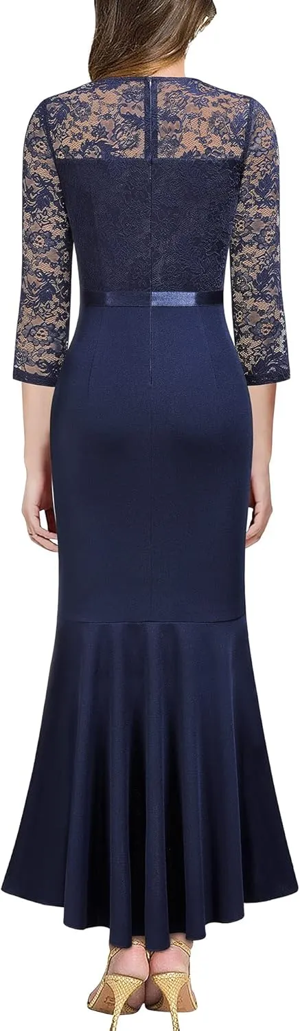 MISSMAY Women's Classy Floral Lace Ruffle Formal Bridesmaid Long Dress