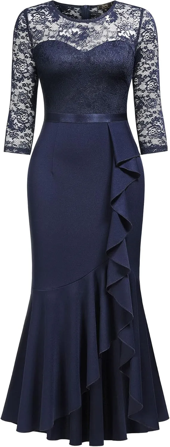 MISSMAY Women's Classy Floral Lace Ruffle Formal Bridesmaid Long Dress