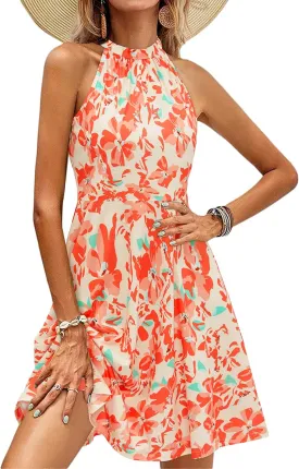 OUGES Women's Halter Neck Floral Summer Casual Sundress
