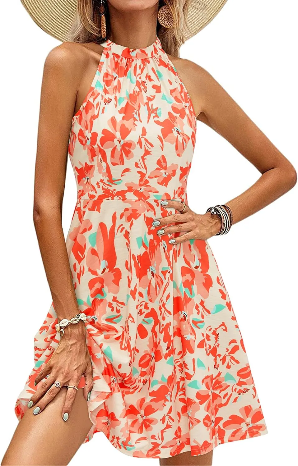 OUGES Women's Halter Neck Floral Summer Casual Sundress