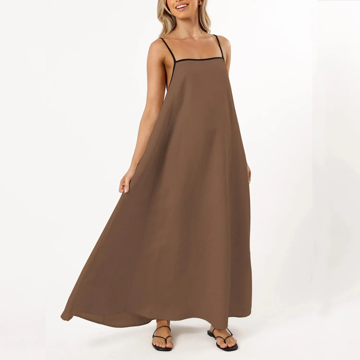 OWNGIGI Women's 2025 Summer Linen Maxi Dress Contrast Spaghetti Strap Beach Dress Backless Sleeveless Party Casual Dresses
