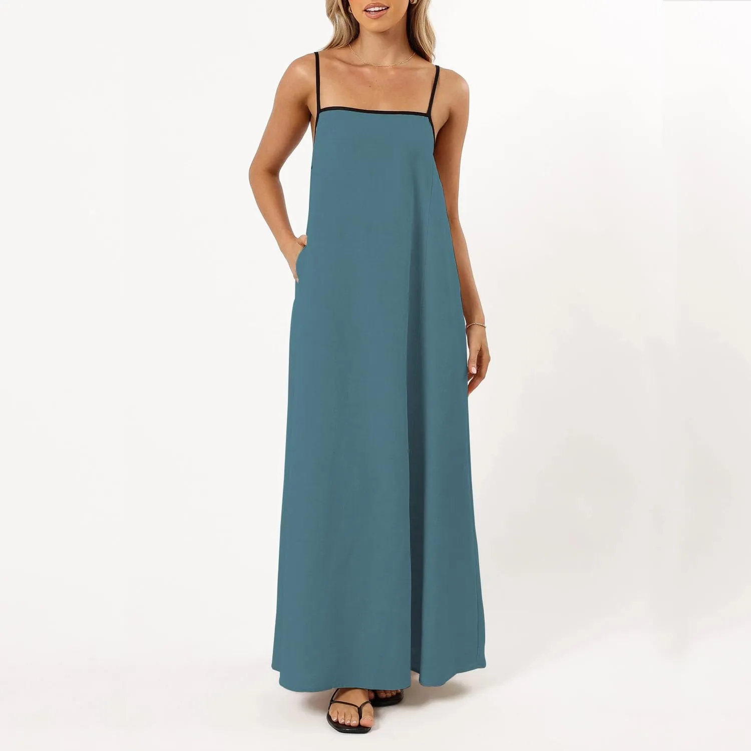 OWNGIGI Women's 2025 Summer Linen Maxi Dress Contrast Spaghetti Strap Beach Dress Backless Sleeveless Party Casual Dresses