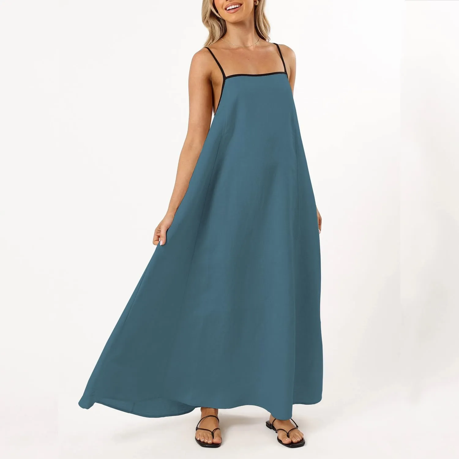 OWNGIGI Women's 2025 Summer Linen Maxi Dress Contrast Spaghetti Strap Beach Dress Backless Sleeveless Party Casual Dresses