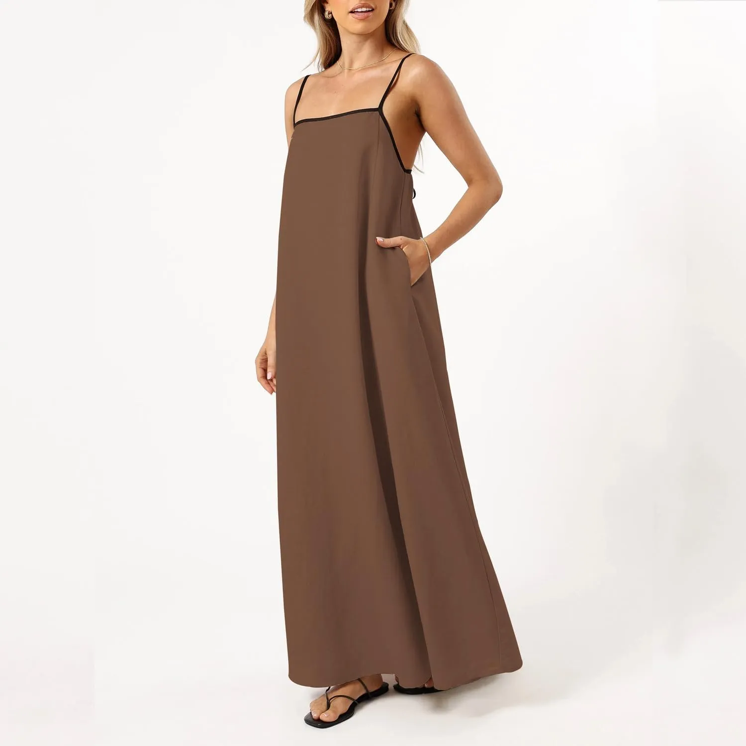 OWNGIGI Women's 2025 Summer Linen Maxi Dress Contrast Spaghetti Strap Beach Dress Backless Sleeveless Party Casual Dresses