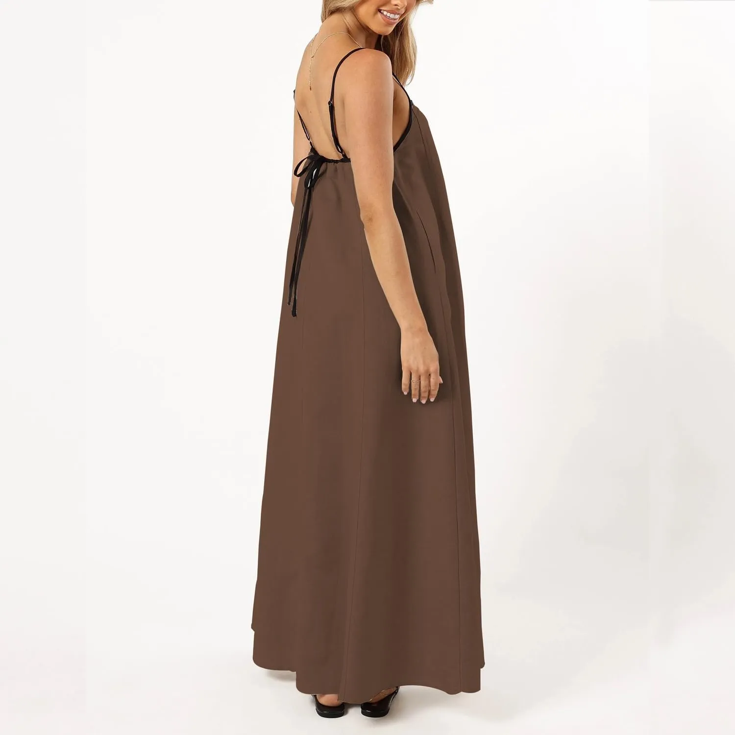 OWNGIGI Women's 2025 Summer Linen Maxi Dress Contrast Spaghetti Strap Beach Dress Backless Sleeveless Party Casual Dresses