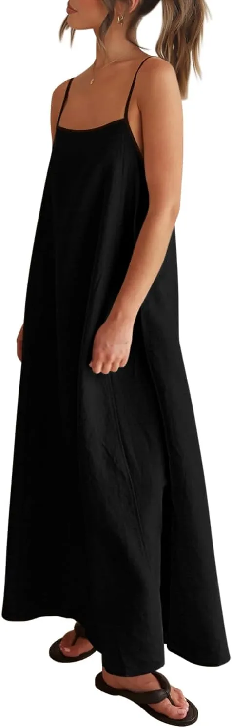 OWNGIGI Women's 2025 Summer Linen Maxi Dress Contrast Spaghetti Strap Beach Dress Backless Sleeveless Party Casual Dresses