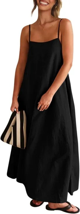 OWNGIGI Women's 2025 Summer Linen Maxi Dress Contrast Spaghetti Strap Beach Dress Backless Sleeveless Party Casual Dresses