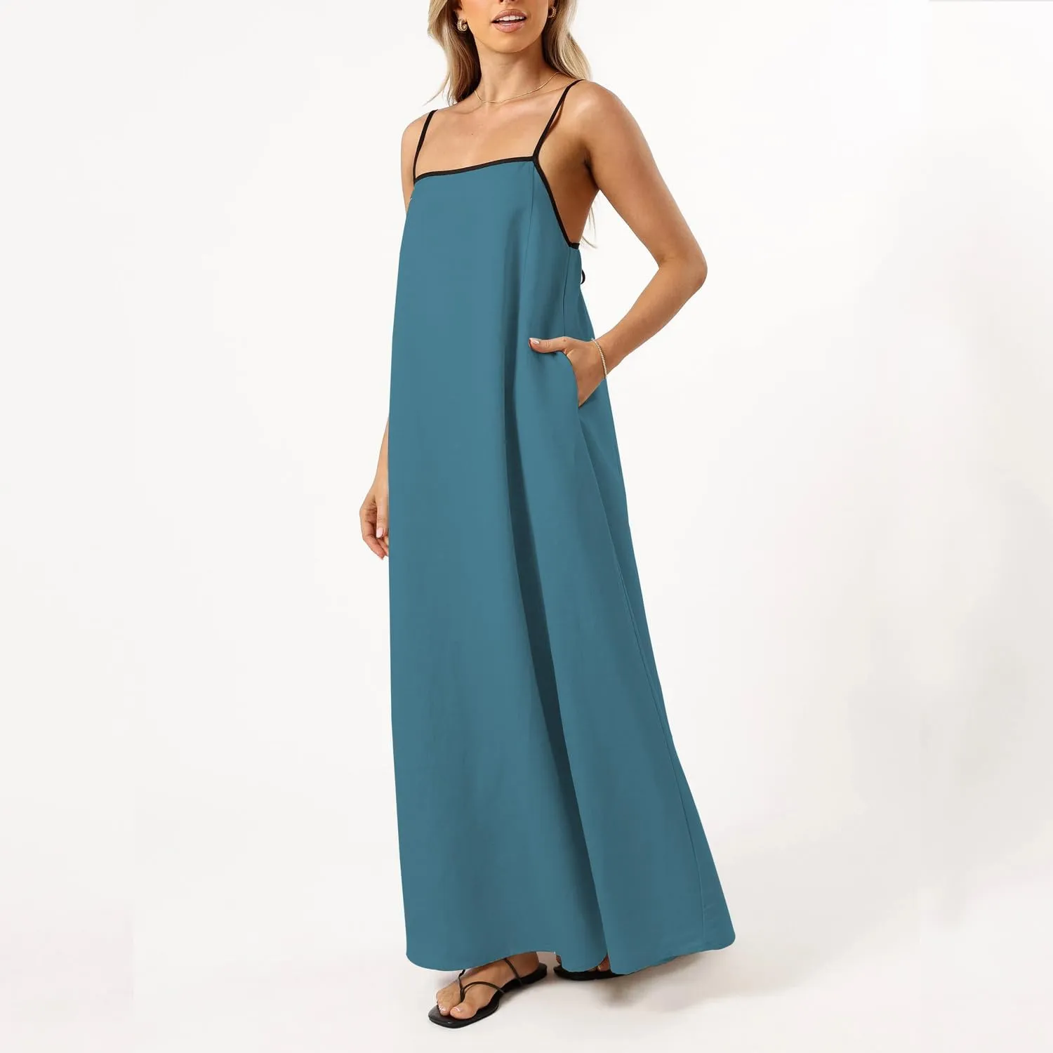 OWNGIGI Women's 2025 Summer Linen Maxi Dress Contrast Spaghetti Strap Beach Dress Backless Sleeveless Party Casual Dresses