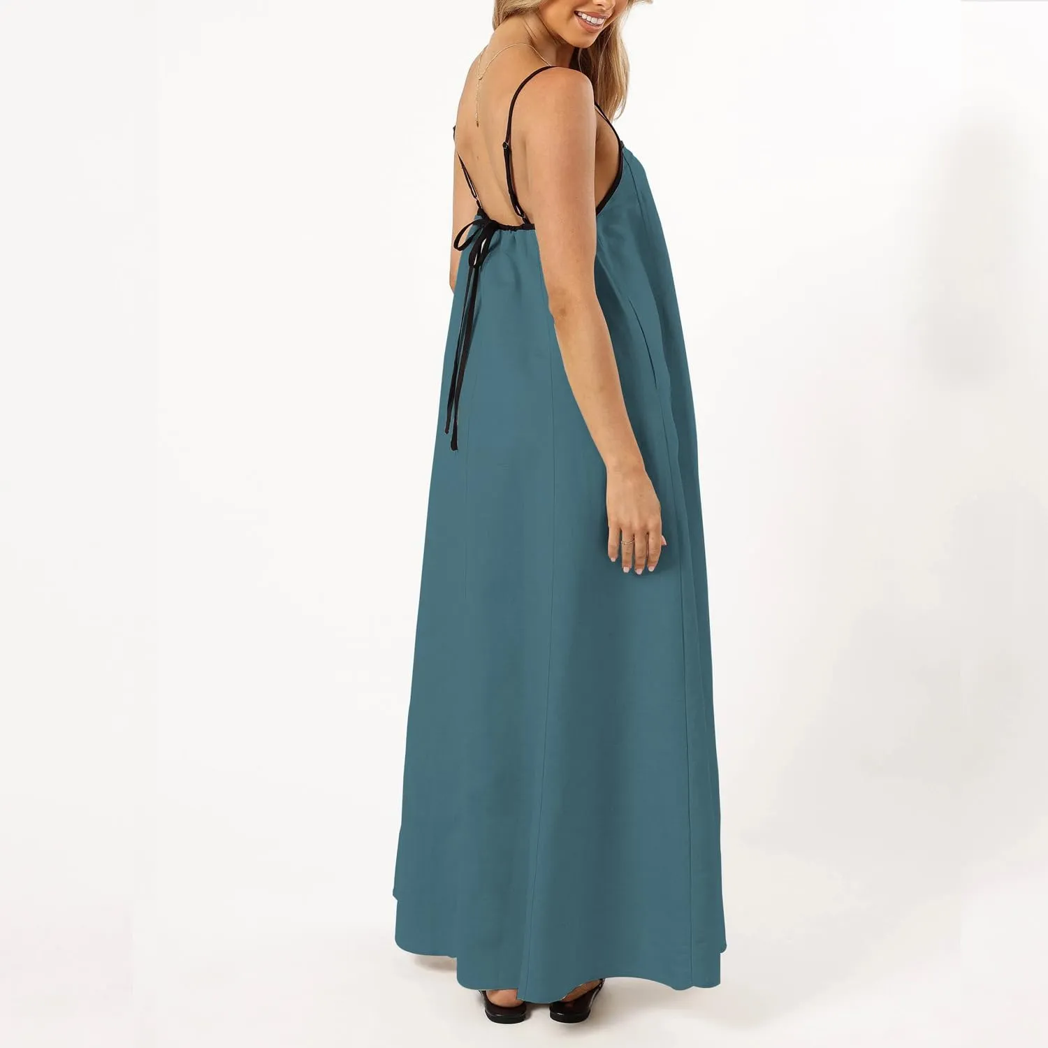 OWNGIGI Women's 2025 Summer Linen Maxi Dress Contrast Spaghetti Strap Beach Dress Backless Sleeveless Party Casual Dresses