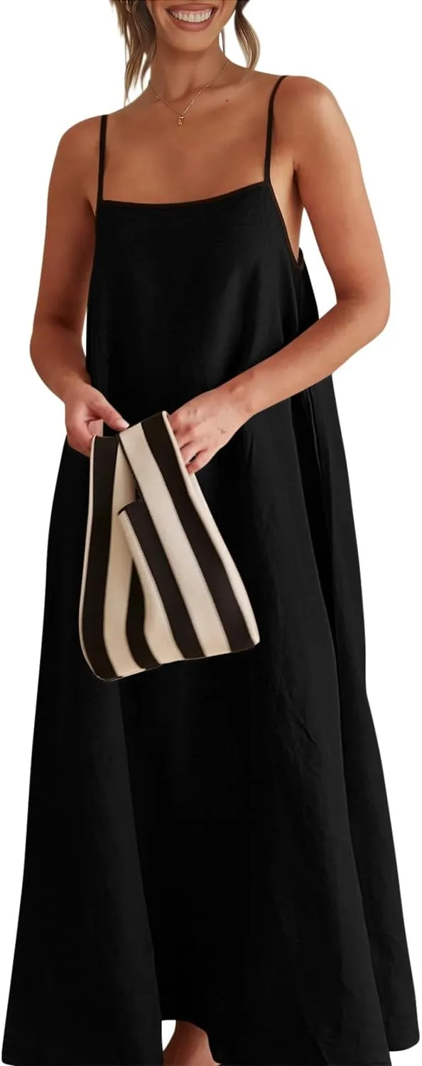 OWNGIGI Women's 2025 Summer Linen Maxi Dress Contrast Spaghetti Strap Beach Dress Backless Sleeveless Party Casual Dresses
