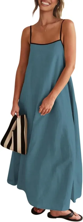 OWNGIGI Women's 2025 Summer Linen Maxi Dress Contrast Spaghetti Strap Beach Dress Backless Sleeveless Party Casual Dresses