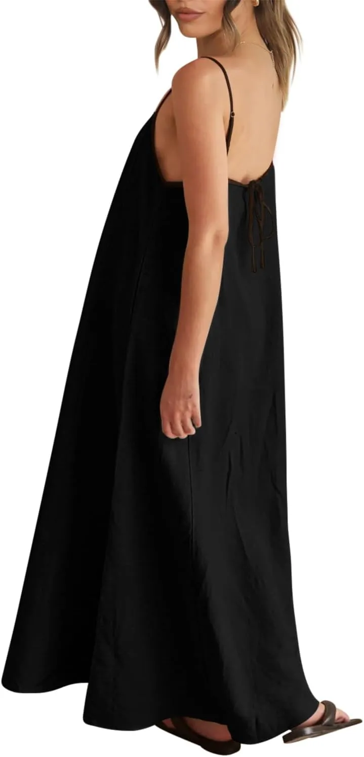 OWNGIGI Women's 2025 Summer Linen Maxi Dress Contrast Spaghetti Strap Beach Dress Backless Sleeveless Party Casual Dresses