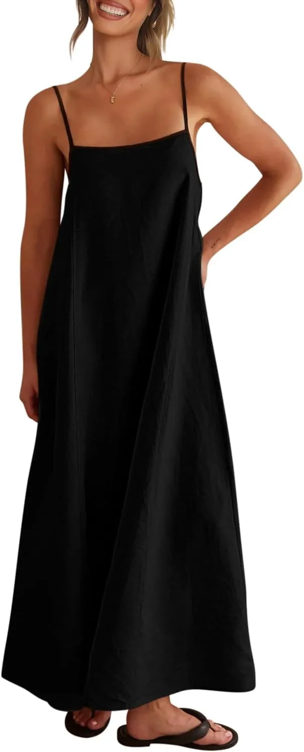 OWNGIGI Women's 2025 Summer Linen Maxi Dress Contrast Spaghetti Strap Beach Dress Backless Sleeveless Party Casual Dresses