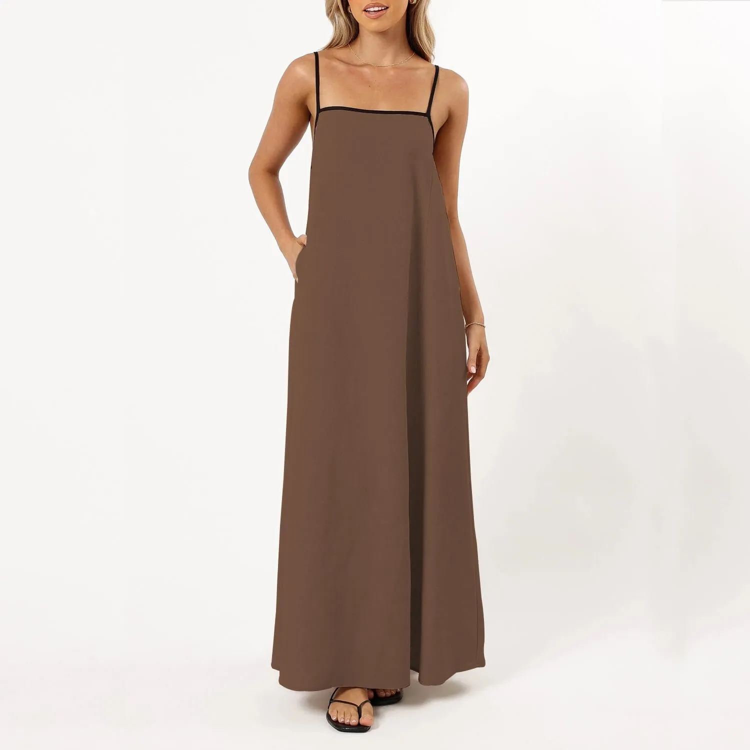 OWNGIGI Women's 2025 Summer Linen Maxi Dress Contrast Spaghetti Strap Beach Dress Backless Sleeveless Party Casual Dresses