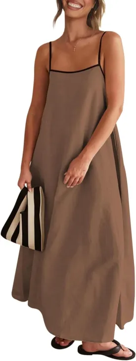 OWNGIGI Women's 2025 Summer Linen Maxi Dress Contrast Spaghetti Strap Beach Dress Backless Sleeveless Party Casual Dresses