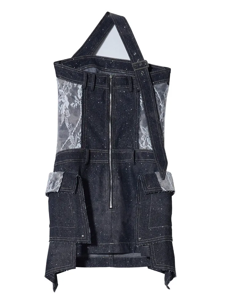 Patchwork Lace Dresses For Women Diagonal Collar Sleeveless High Waist Denim A Line Mini Dress Female Fashion