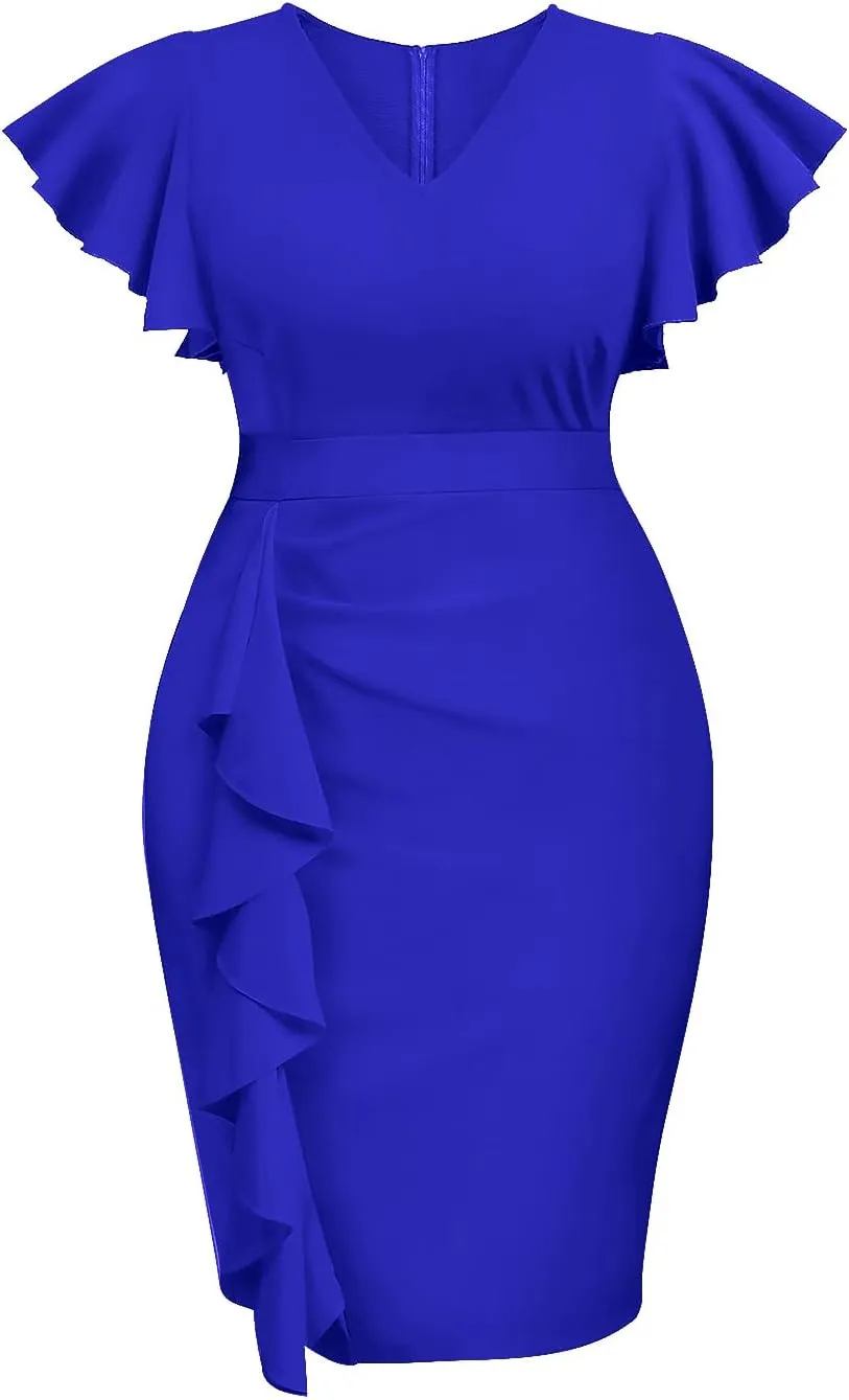 Pinup Fashion Plus Size Wedding Guest Dress - Women Cocktail Work Church Semi Formal Ruched Pencil Dresses