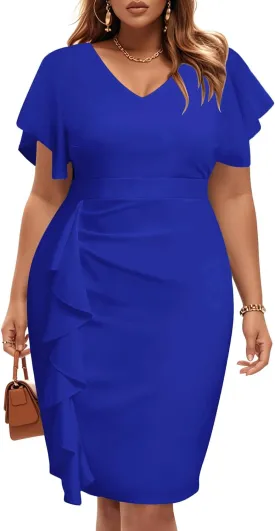 Pinup Fashion Plus Size Wedding Guest Dress - Women Cocktail Work Church Semi Formal Ruched Pencil Dresses