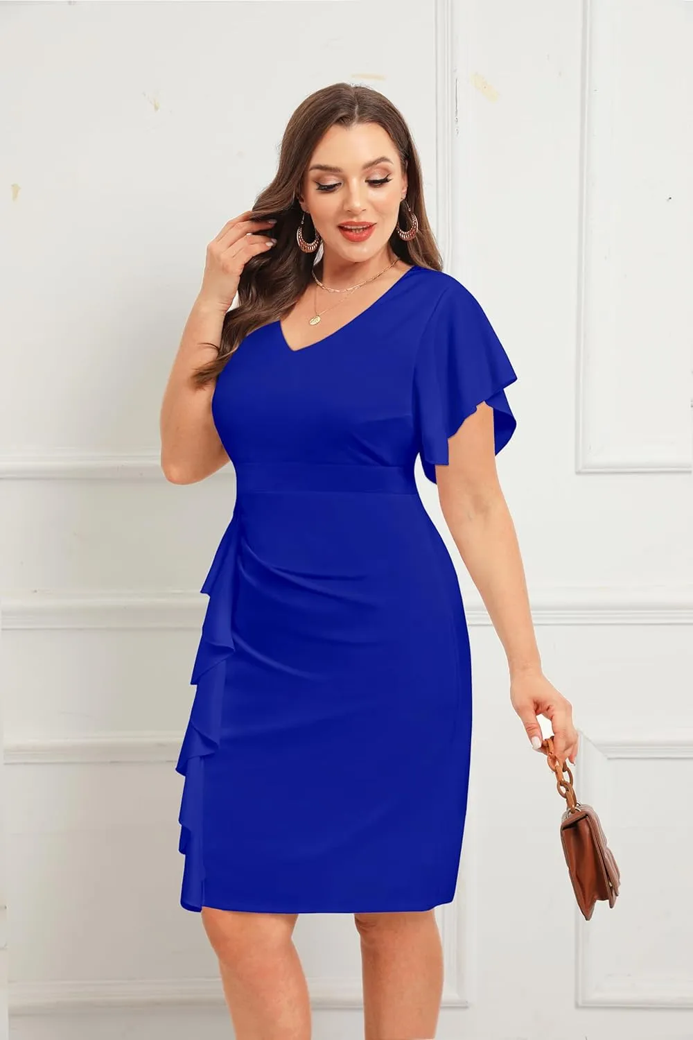 Pinup Fashion Plus Size Wedding Guest Dress - Women Cocktail Work Church Semi Formal Ruched Pencil Dresses