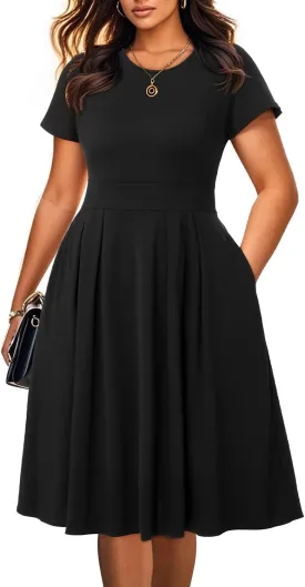 Pinup Fashion Plus Size Work Dress-Church Business Casual Short Sleeve A-Line Dress with Pockets