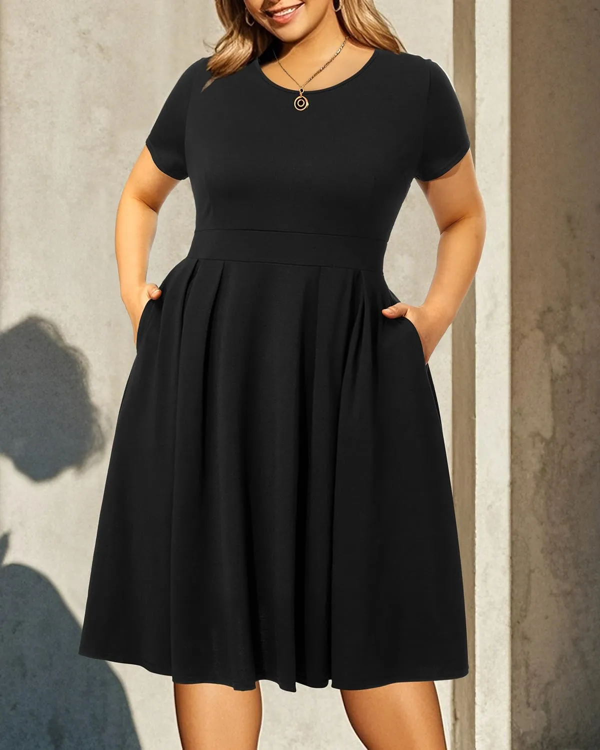 Pinup Fashion Plus Size Work Dress-Church Business Casual Short Sleeve A-Line Dress with Pockets