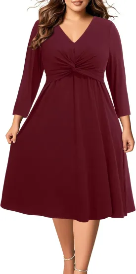 Plus Size Dress for Women Twist Knot V Neck 3/4 Sleeves A Line Wedding Guest Midi Dresses