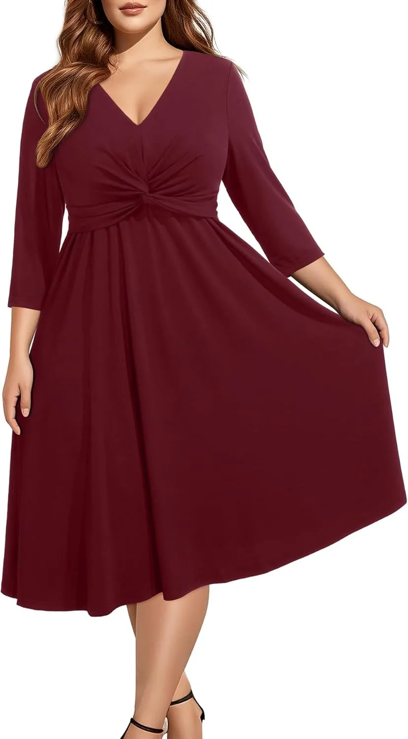 Plus Size Dress for Women Twist Knot V Neck 3/4 Sleeves A Line Wedding Guest Midi Dresses