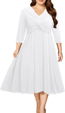 Plus Size Dress for Women Twist Knot V Neck 3/4 Sleeves A Line Wedding Guest Midi Dresses