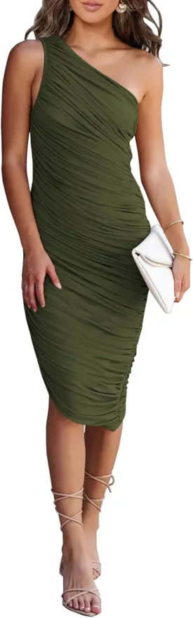 PRETTYGARDEN Summer One Shoulder Dresses for Women 2025 Elegant Mesh Ruched Asymmetrical Wedding Guest Cocktail Bodycon Dress
