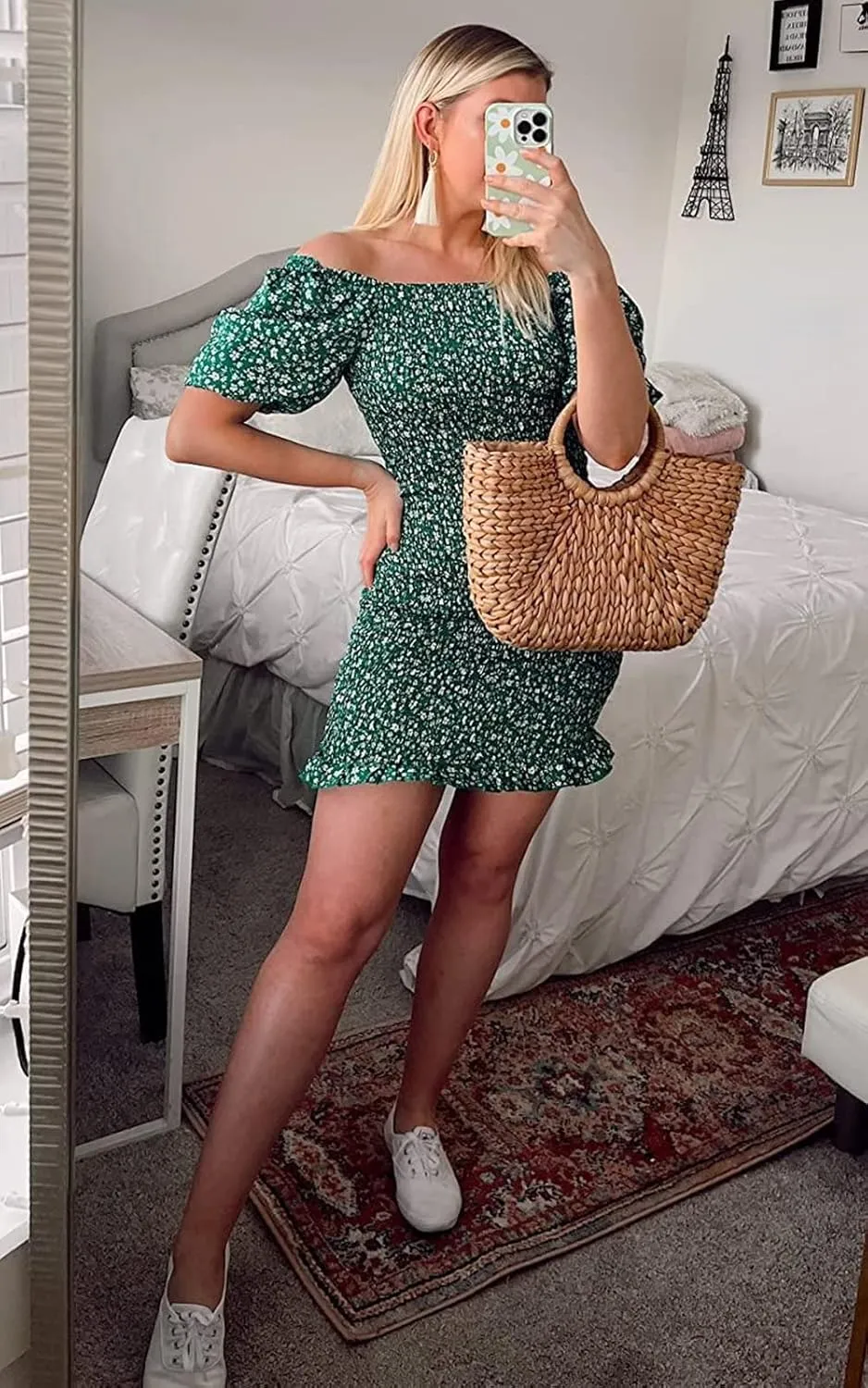 PRETTYGARDEN Women's 2025 Summer Floral Puff Sleeve Mini Dress Square Neck Ruffle Hem Bodycon Dresses Smocked Dress Women