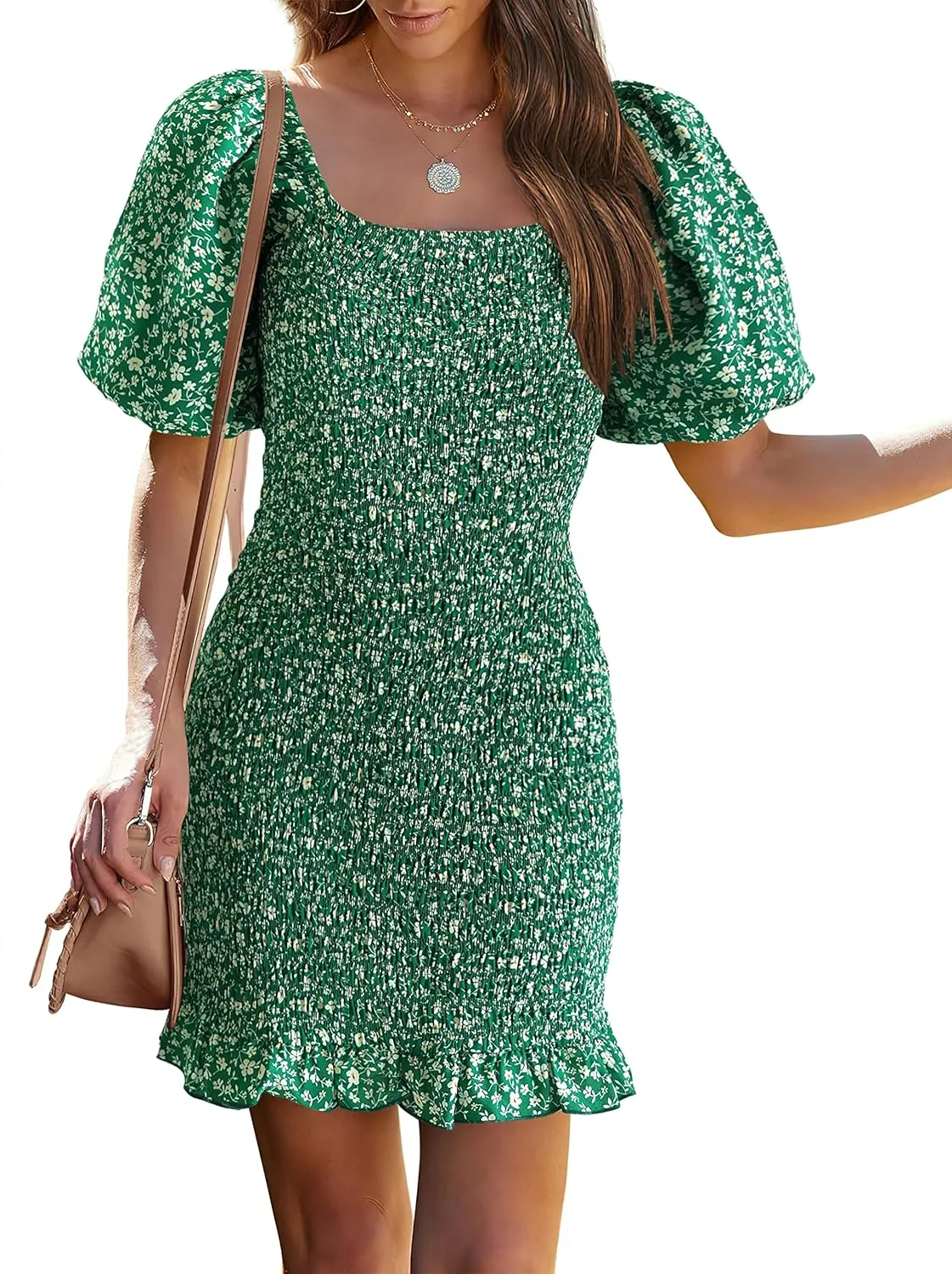 PRETTYGARDEN Women's 2025 Summer Floral Puff Sleeve Mini Dress Square Neck Ruffle Hem Bodycon Dresses Smocked Dress Women