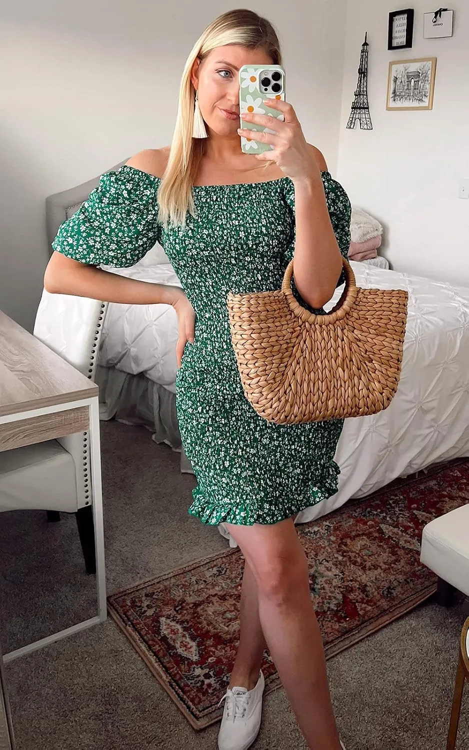 PRETTYGARDEN Women's 2025 Summer Floral Puff Sleeve Mini Dress Square Neck Ruffle Hem Bodycon Dresses Smocked Dress Women