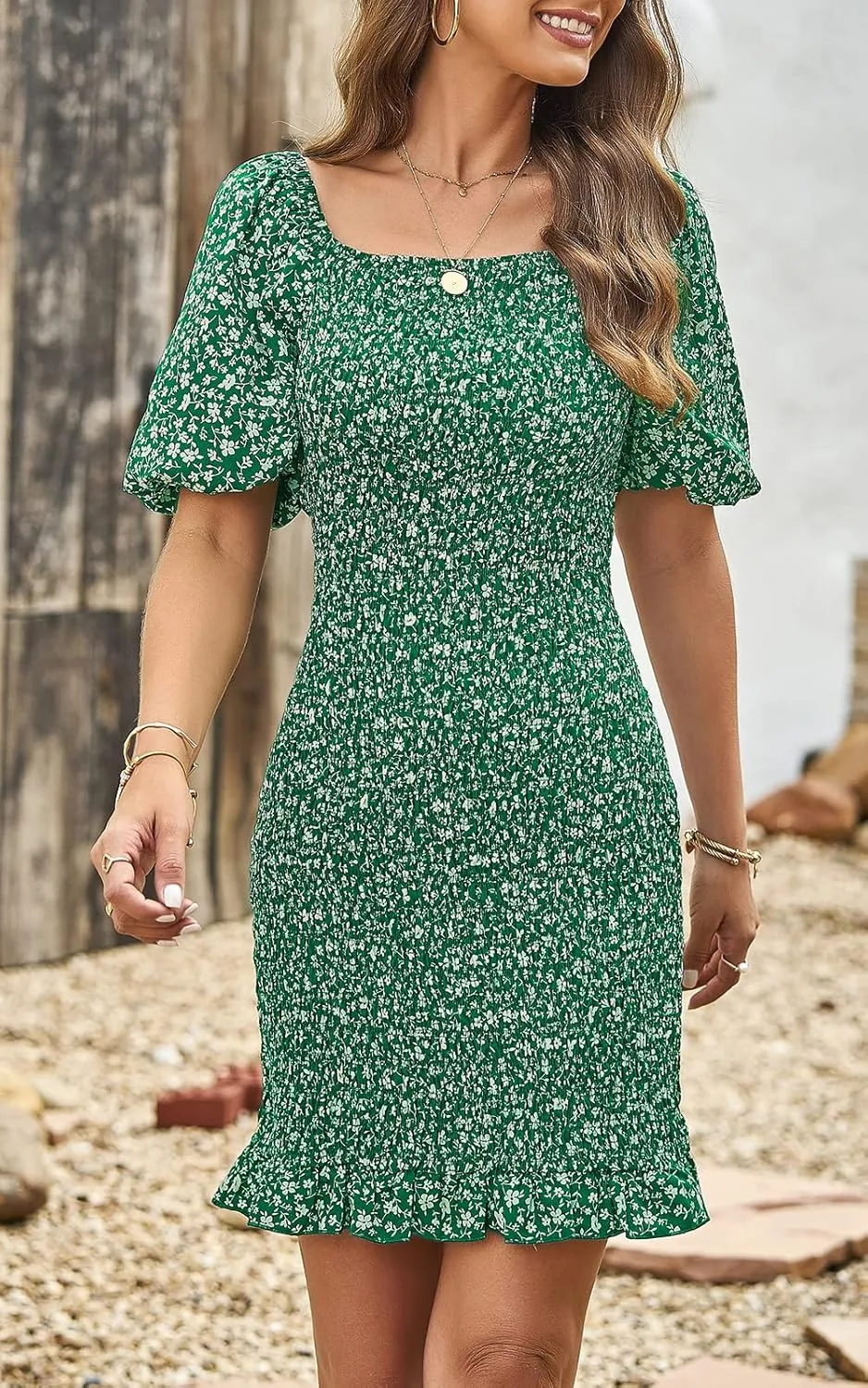 PRETTYGARDEN Women's 2025 Summer Floral Puff Sleeve Mini Dress Square Neck Ruffle Hem Bodycon Dresses Smocked Dress Women