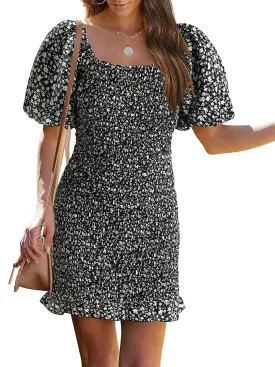 PRETTYGARDEN Women's 2025 Summer Floral Puff Sleeve Mini Dress Square Neck Ruffle Hem Bodycon Dresses Smocked Dress Women