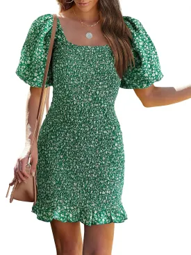 PRETTYGARDEN Women's 2025 Summer Floral Puff Sleeve Mini Dress Square Neck Ruffle Hem Bodycon Dresses Smocked Dress Women