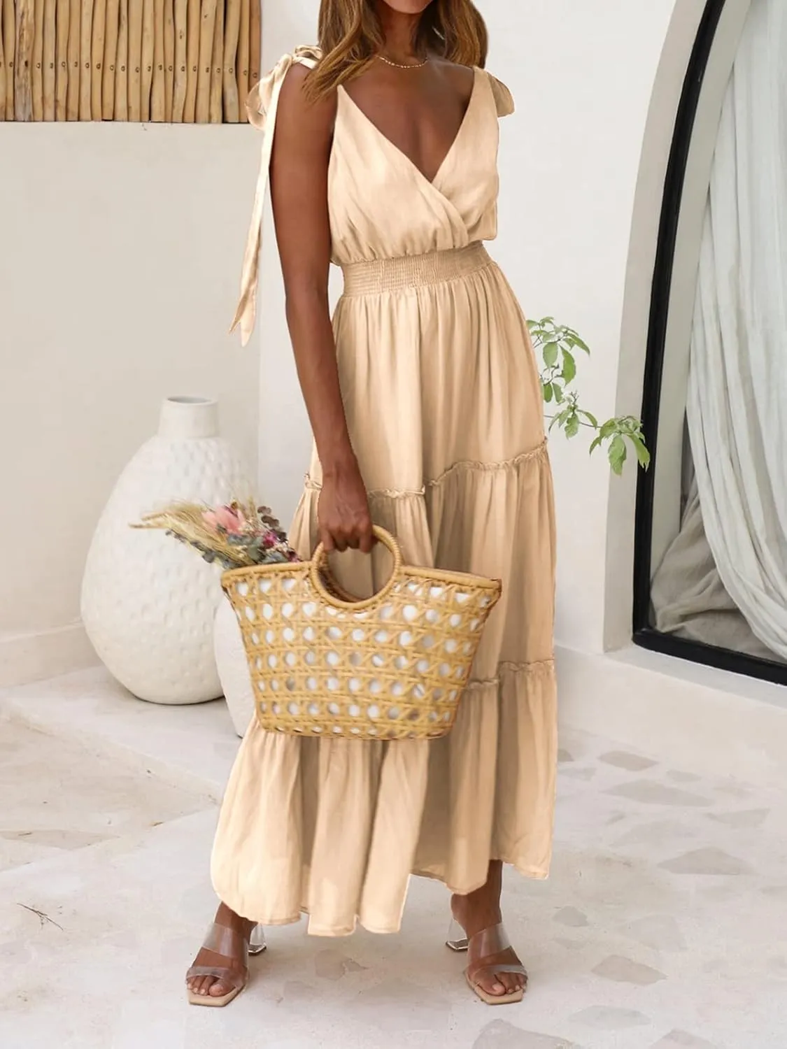PRETTYGARDEN Women's Cross Neck Summer Sleeveless Tiered Maxi Dress Beach Tie Strap Smocked Long Dresses Pleated Sundress