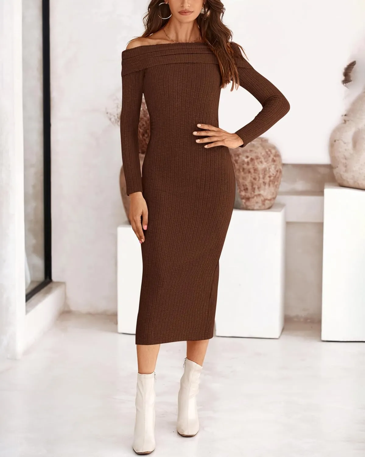 PRETTYGARDEN Women's Fall Dresses 2025 Sexy Off Shoulder Long Sleeve Bodycon Ribbed Knit Club Wedding Pencil Midi Dress