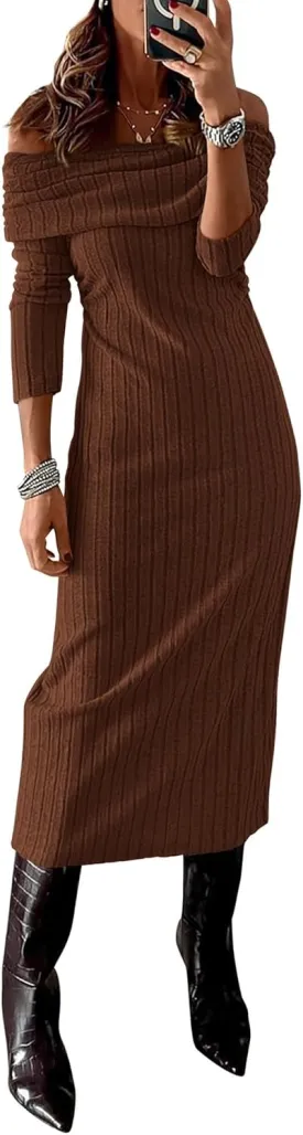 PRETTYGARDEN Women's Fall Dresses 2025 Sexy Off Shoulder Long Sleeve Bodycon Ribbed Knit Club Wedding Pencil Midi Dress