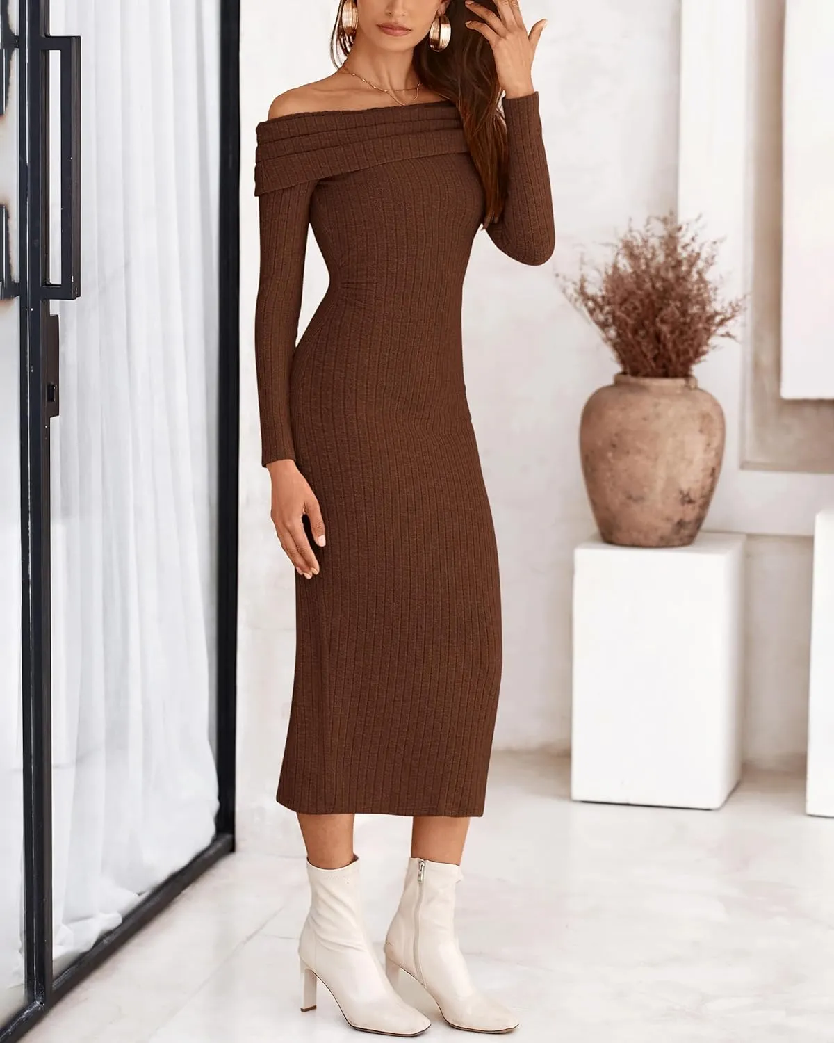 PRETTYGARDEN Women's Fall Dresses 2025 Sexy Off Shoulder Long Sleeve Bodycon Ribbed Knit Club Wedding Pencil Midi Dress