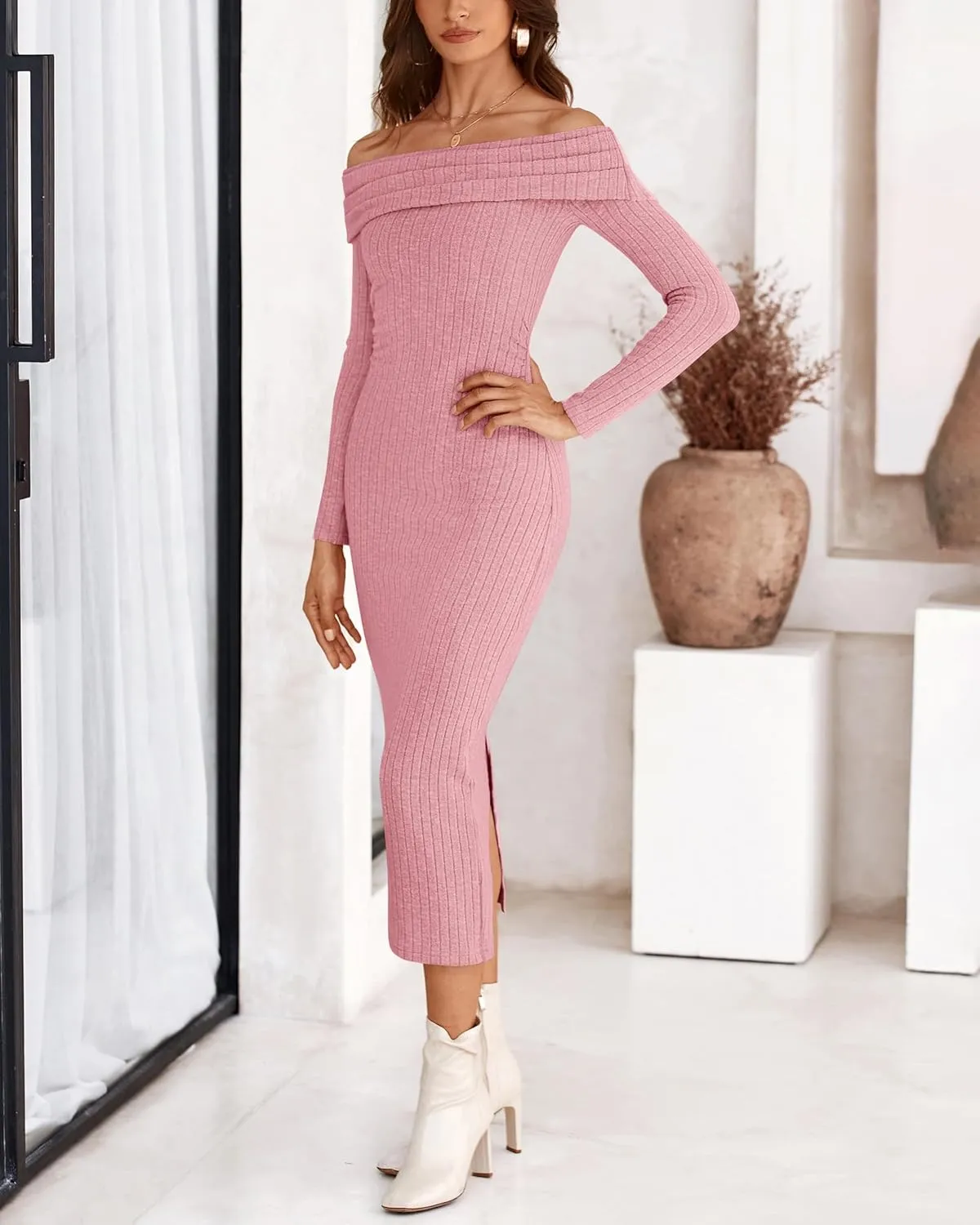 PRETTYGARDEN Women's Fall Dresses 2025 Sexy Off Shoulder Long Sleeve Bodycon Ribbed Knit Club Wedding Pencil Midi Dress