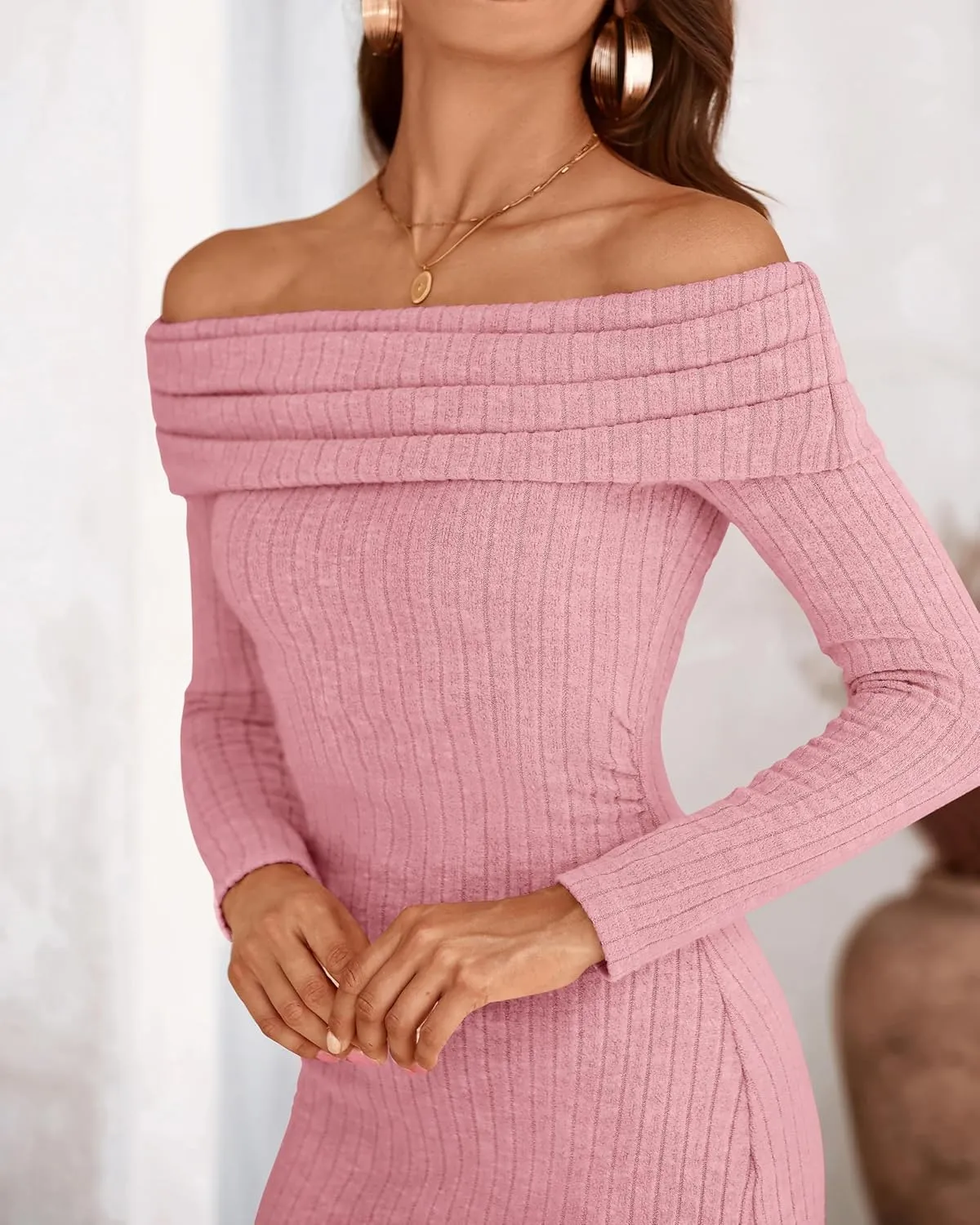 PRETTYGARDEN Women's Fall Dresses 2025 Sexy Off Shoulder Long Sleeve Bodycon Ribbed Knit Club Wedding Pencil Midi Dress