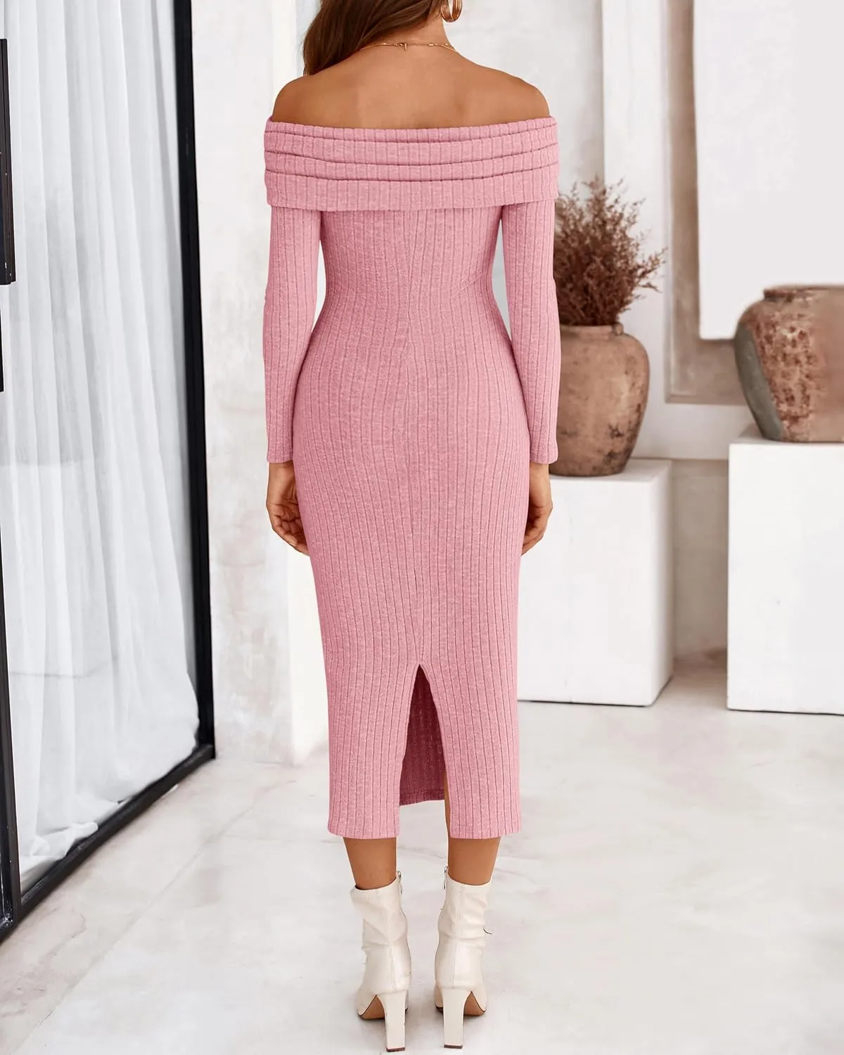PRETTYGARDEN Women's Fall Dresses 2025 Sexy Off Shoulder Long Sleeve Bodycon Ribbed Knit Club Wedding Pencil Midi Dress