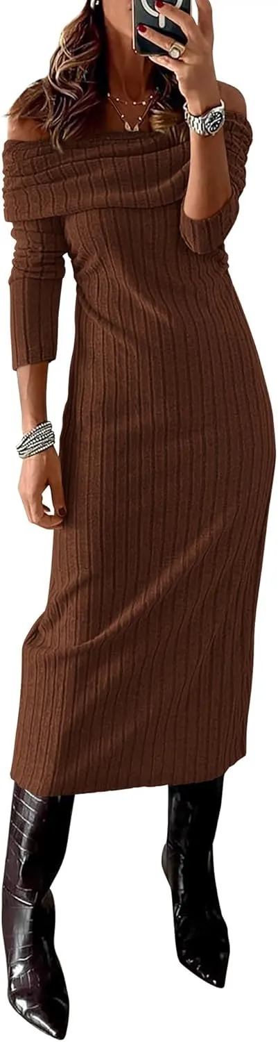 PRETTYGARDEN Women's Fall Dresses 2025 Sexy Off Shoulder Long Sleeve Bodycon Ribbed Knit Club Wedding Pencil Midi Dress