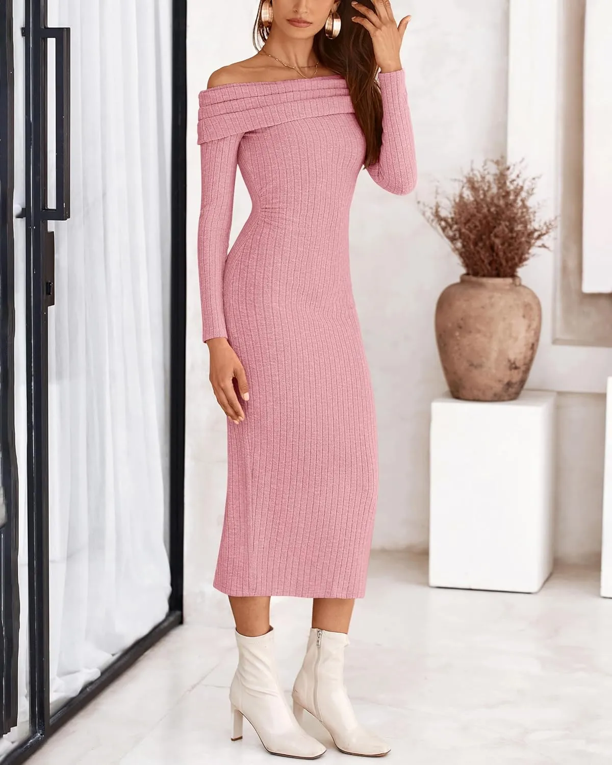 PRETTYGARDEN Women's Fall Dresses 2025 Sexy Off Shoulder Long Sleeve Bodycon Ribbed Knit Club Wedding Pencil Midi Dress