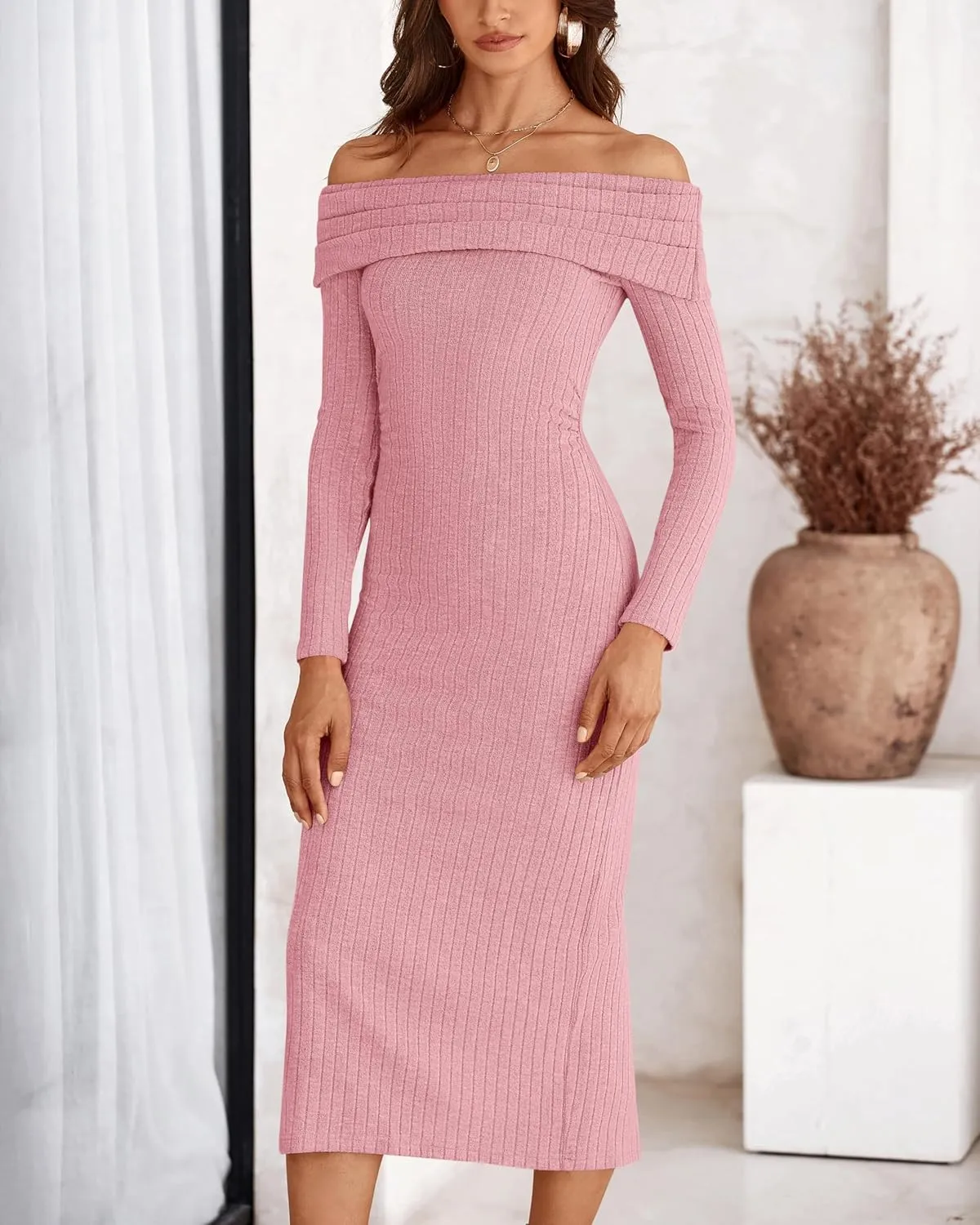 PRETTYGARDEN Women's Fall Dresses 2025 Sexy Off Shoulder Long Sleeve Bodycon Ribbed Knit Club Wedding Pencil Midi Dress