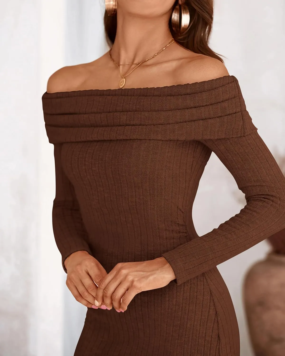 PRETTYGARDEN Women's Fall Dresses 2025 Sexy Off Shoulder Long Sleeve Bodycon Ribbed Knit Club Wedding Pencil Midi Dress