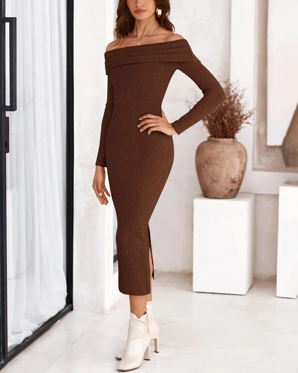 PRETTYGARDEN Women's Fall Dresses 2025 Sexy Off Shoulder Long Sleeve Bodycon Ribbed Knit Club Wedding Pencil Midi Dress