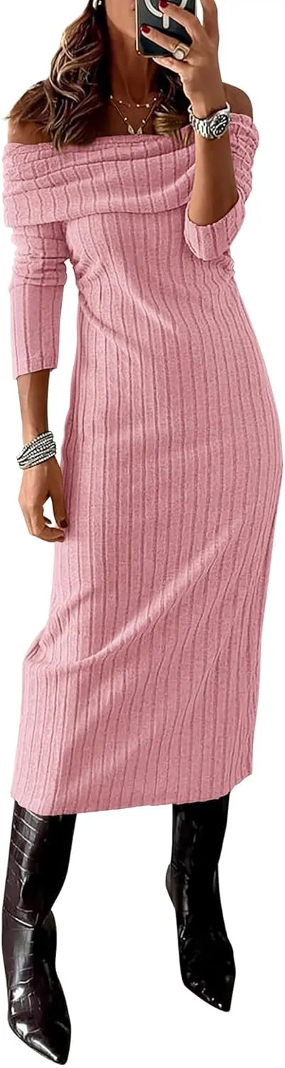 PRETTYGARDEN Women's Fall Dresses 2025 Sexy Off Shoulder Long Sleeve Bodycon Ribbed Knit Club Wedding Pencil Midi Dress