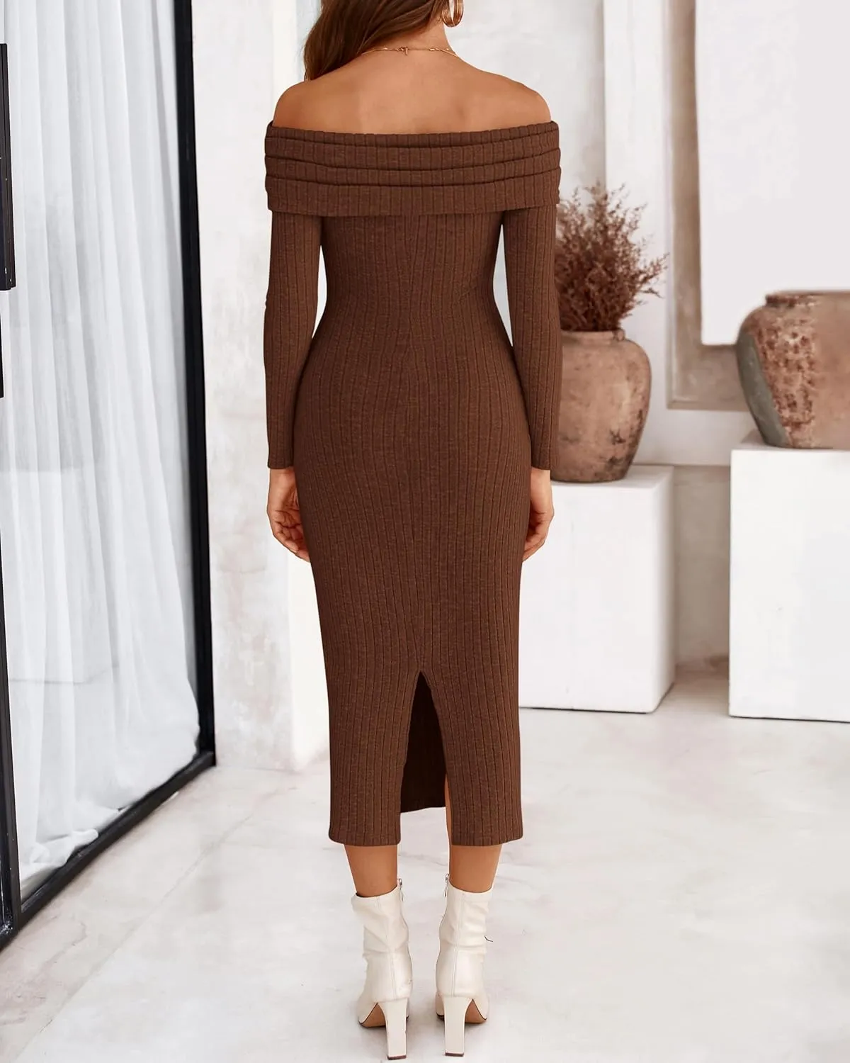 PRETTYGARDEN Women's Fall Dresses 2025 Sexy Off Shoulder Long Sleeve Bodycon Ribbed Knit Club Wedding Pencil Midi Dress